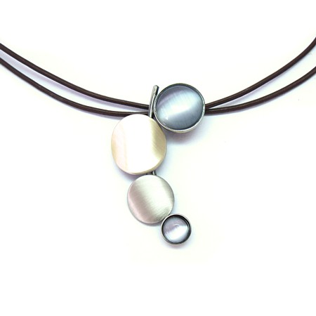 Black Leather Stacked Circles w/Light Grey Catsite Necklace - Click Image to Close